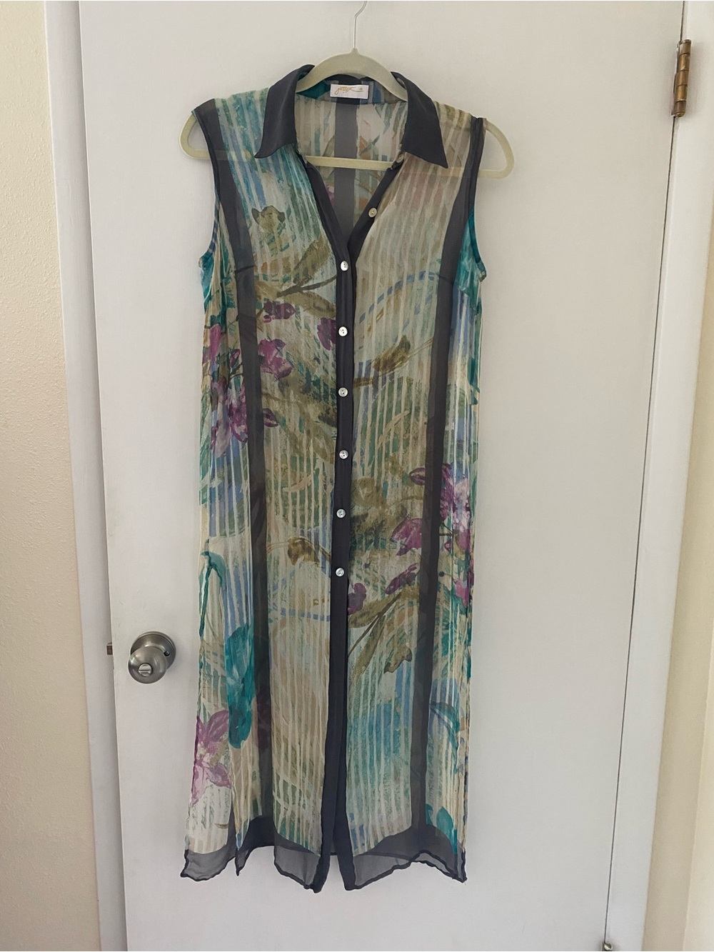 Vintage Gottex 100% Silk Sheer Maxi Duster Shirt Dress Swim Cover-Up Floral